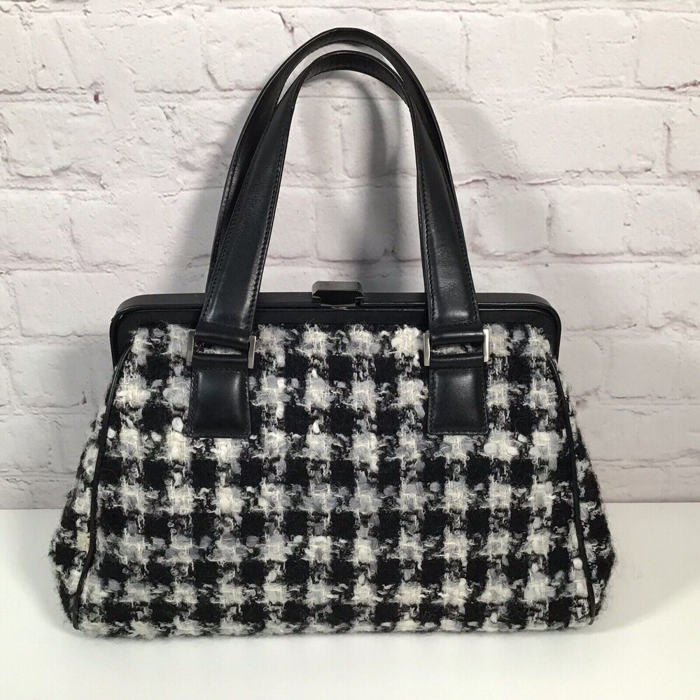Vintage Nordstrom Houndstooth Handbag Black Cream Gray Tweed Large Purse
